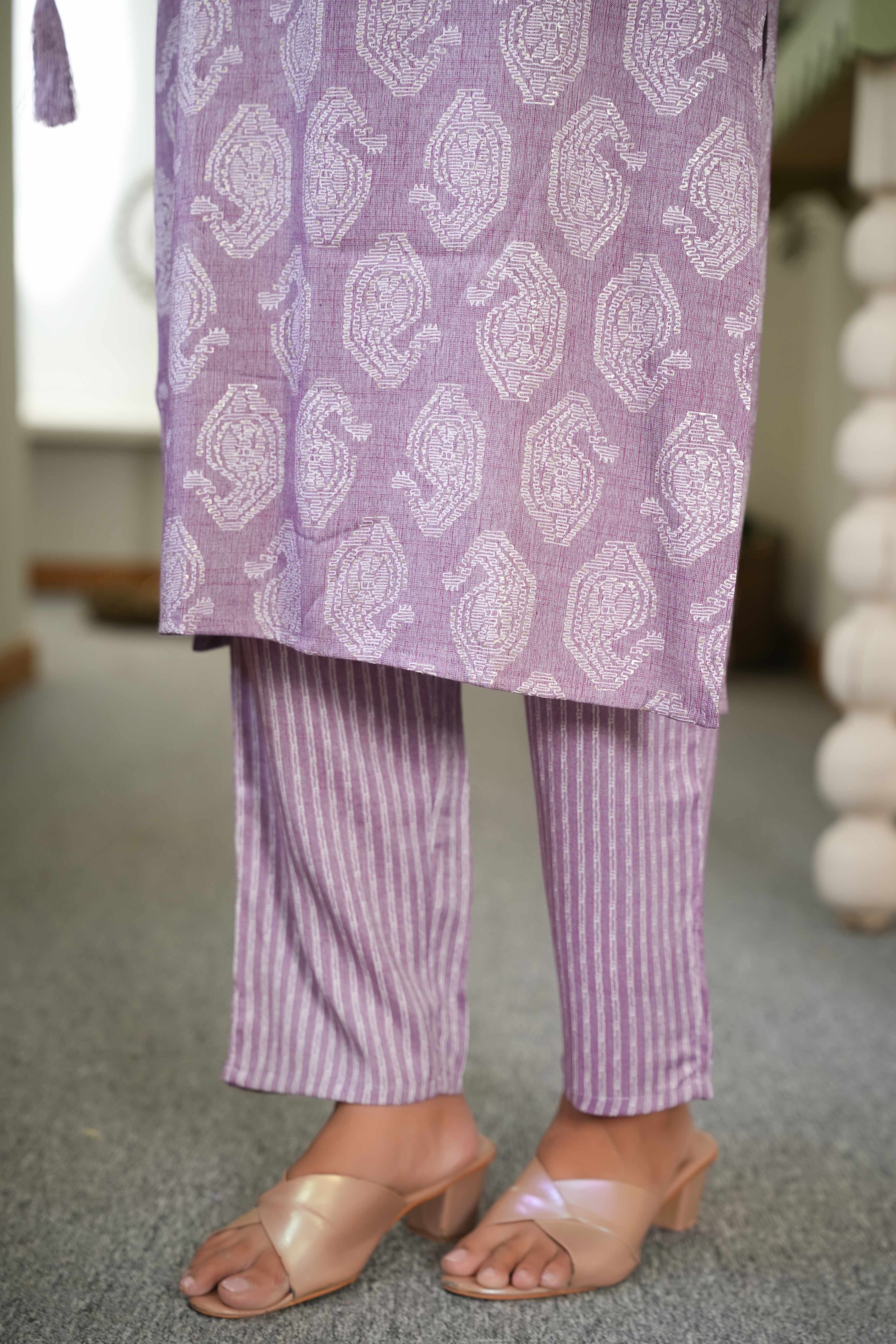 Lavender Printed Rayon Salwar Suit Set with Embroidered Details and Cotton Dupatta