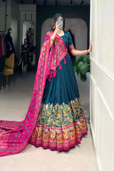 Tussar Silk Lehenga Set with Elegant Foil Print and Gotta Patti Lace Dupatta