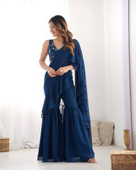 Vibrant Teal Blue Georgette Sharara Set with Sequins & Zari Embroidery