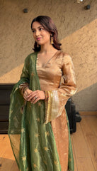 Crimson Red & Green Jimmy Choo Satin Silk Anarkali Suit with Embroidery Sequence Work