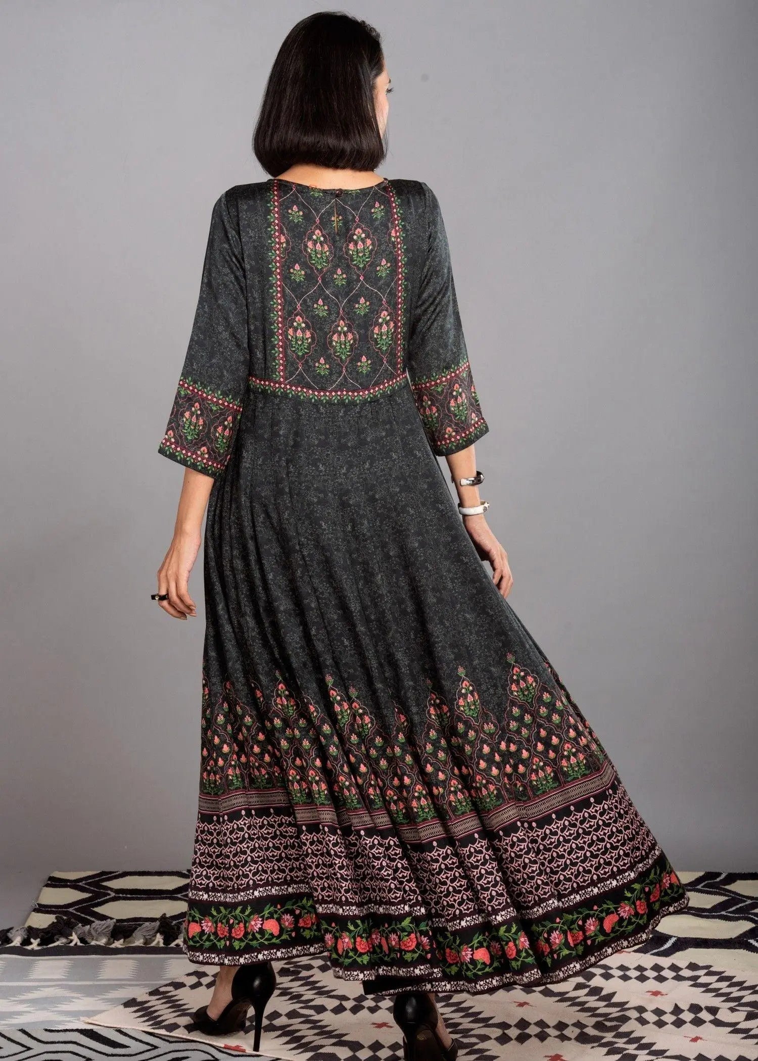 Black Satin Straight Kurta with Vibrant Oriental Motifs