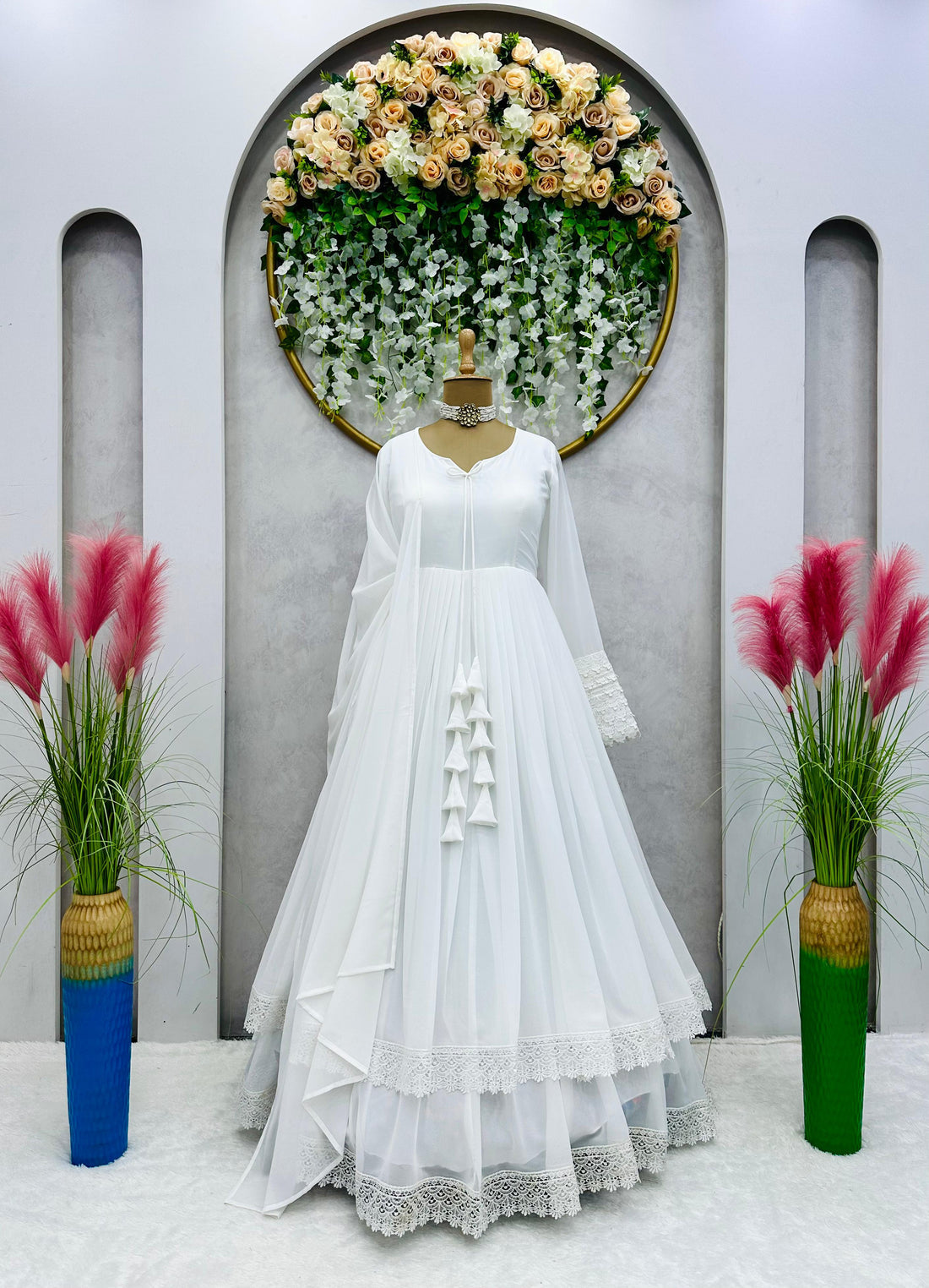 Faux Georgette Anarkali Gown with Lace Work & Tassel Detailing – Party Wear