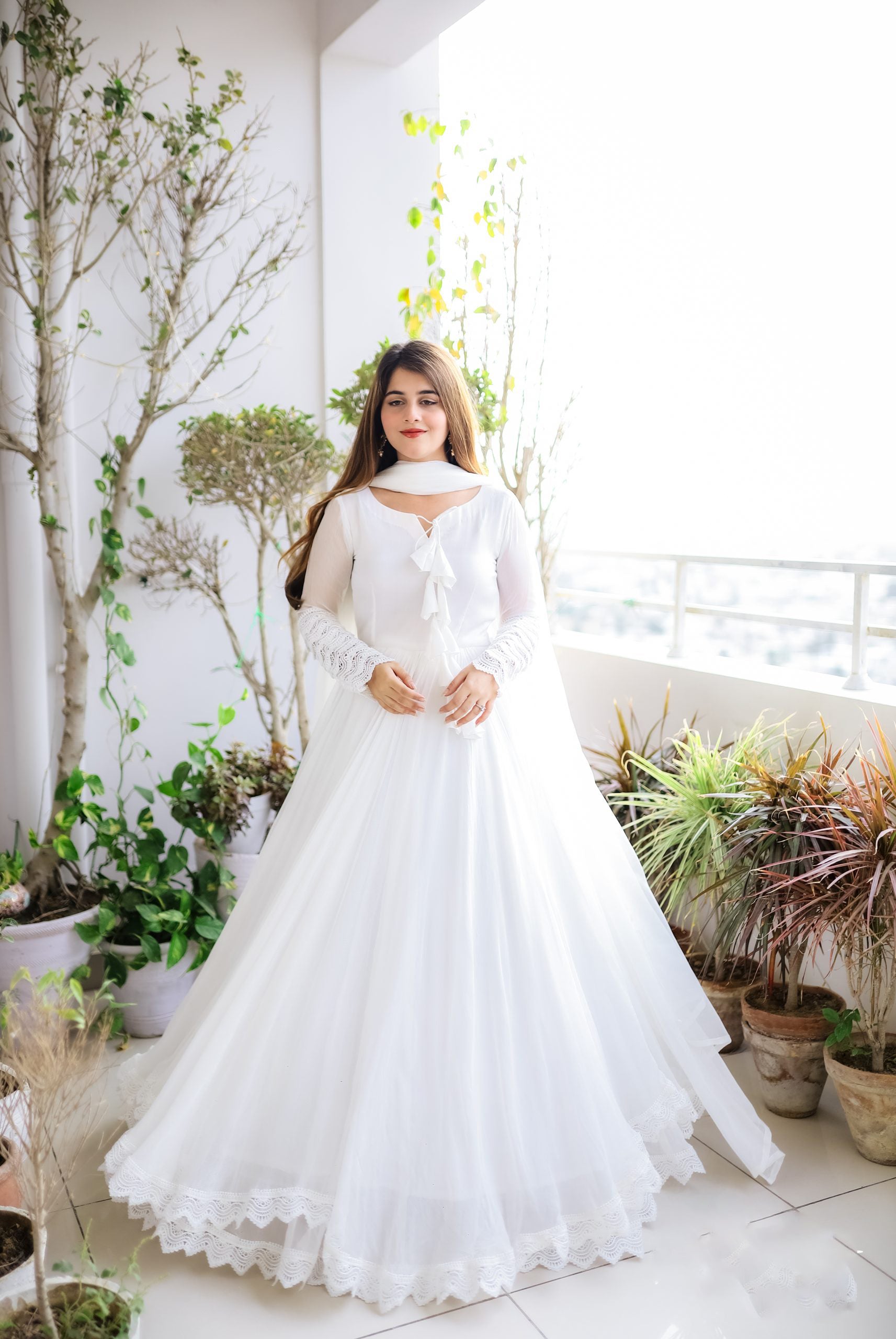 Faux Georgette Anarkali Gown with Lace Work & Tassel Detailing – Party Wear