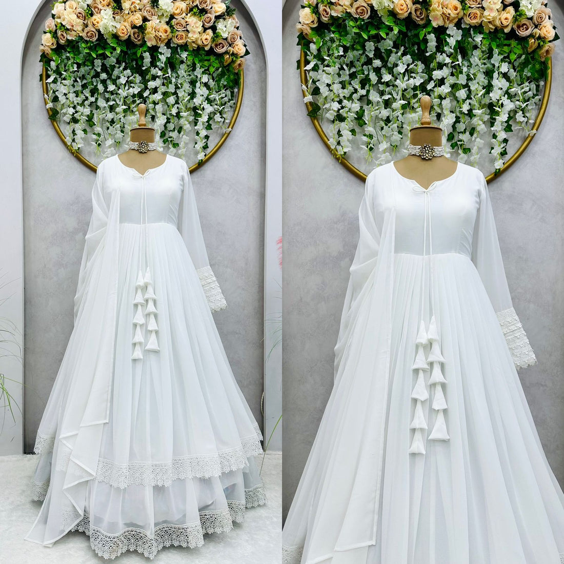 Faux Georgette Anarkali Gown with Lace Work & Tassel Detailing – Party Wear