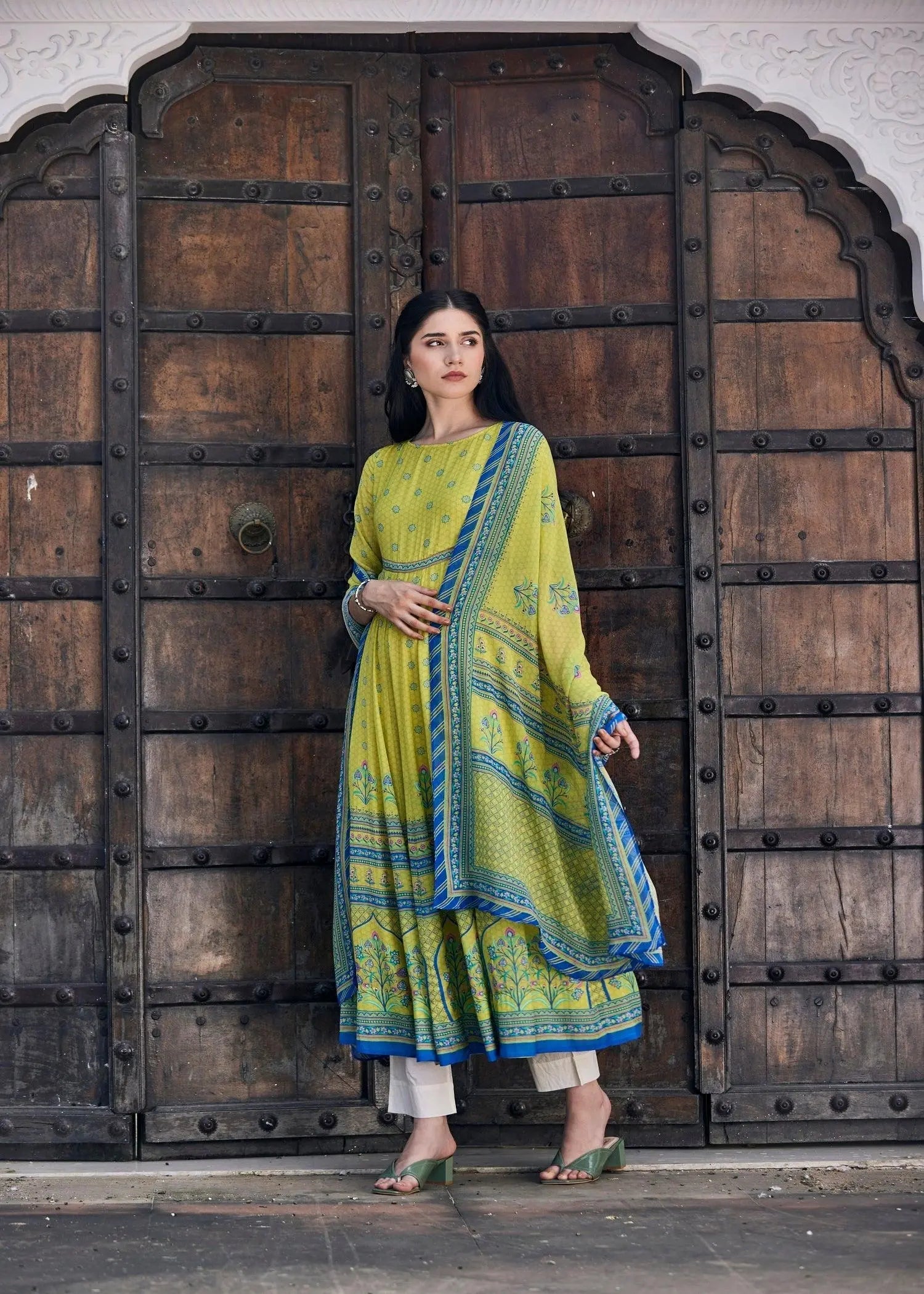 Green Flared Cotton Silk Blend Usra Kurta with Georgette Dupatta