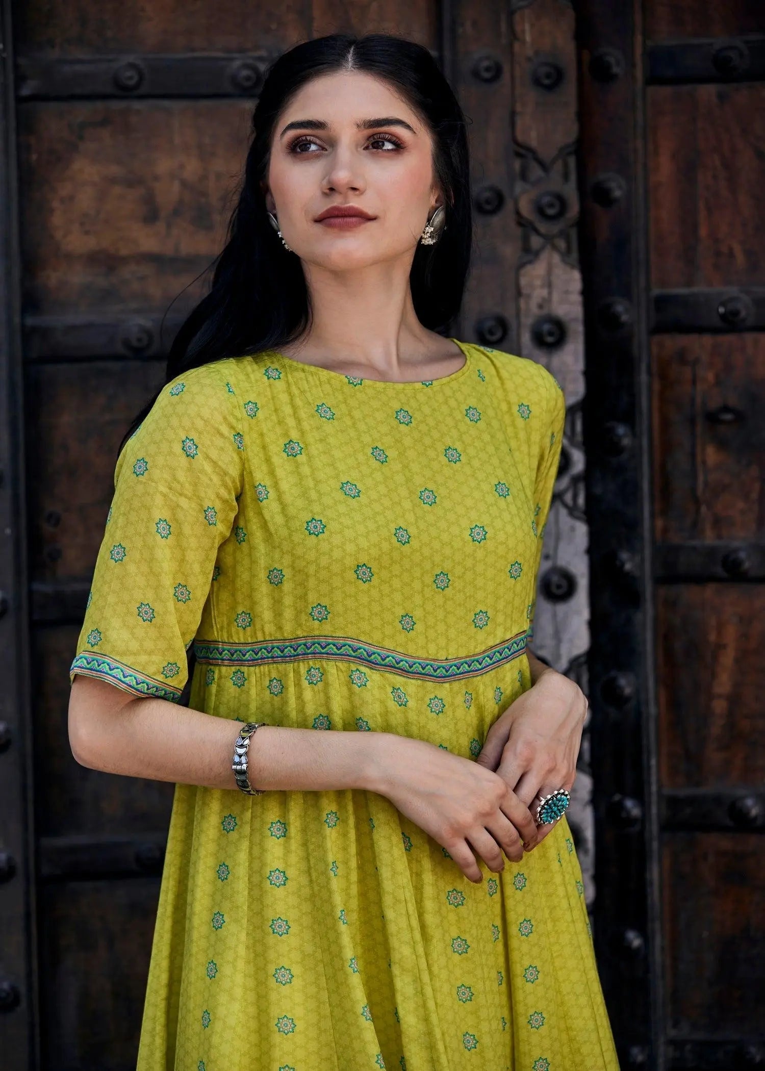 Green Flared Cotton Silk Blend Usra Kurta with Georgette Dupatta
