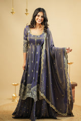 Elegant Cosmo Fabric Embroidered 3-Piece Anarkali Set with Semi-Stitched Lehenga