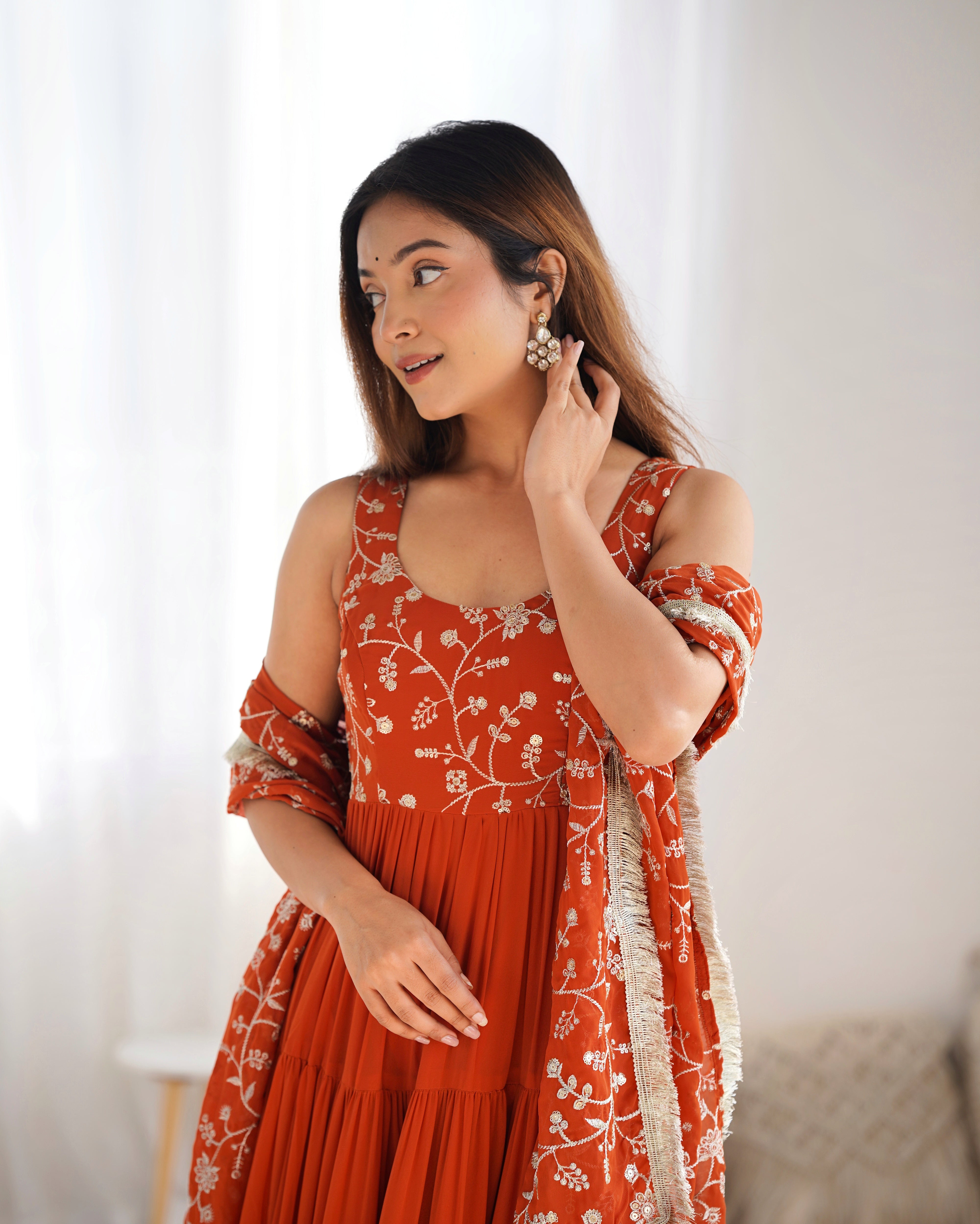 Stunning Orange Georgette Five-Layer Ruffle Anarkali Suit with Embroidered Dupatta – Festive & Party Wear