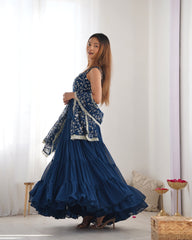 Rama-Colored Three-Layer Ruffle Georgette Anarkali Suit with Embroidered Dupatta