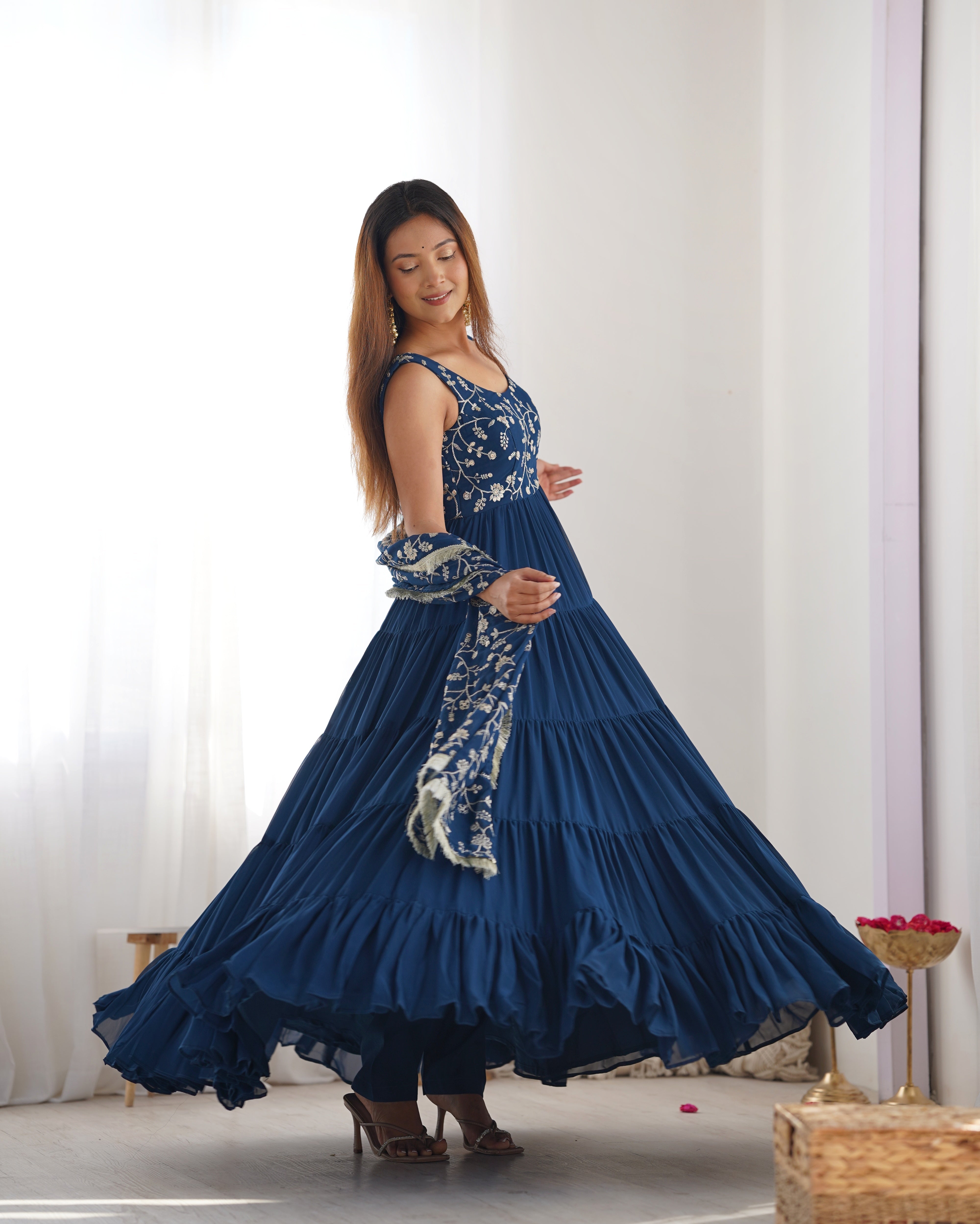 Rama-Colored Three-Layer Ruffle Georgette Anarkali Suit with Embroidered Dupatta