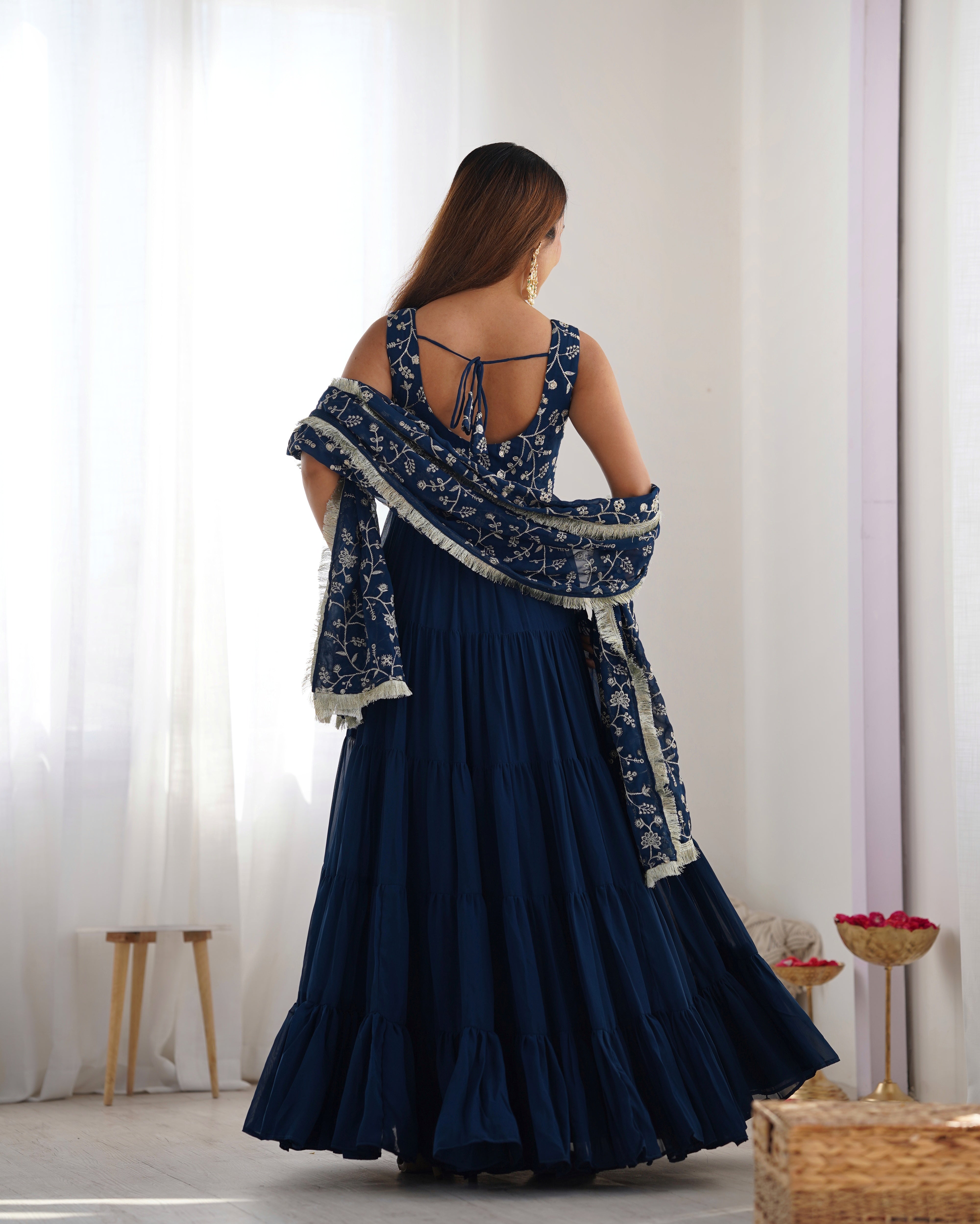 Rama-Colored Three-Layer Ruffle Georgette Anarkali Suit with Embroidered Dupatta