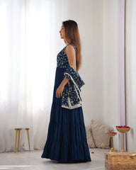 Rama-Colored Three-Layer Ruffle Georgette Anarkali Suit with Embroidered Dupatta