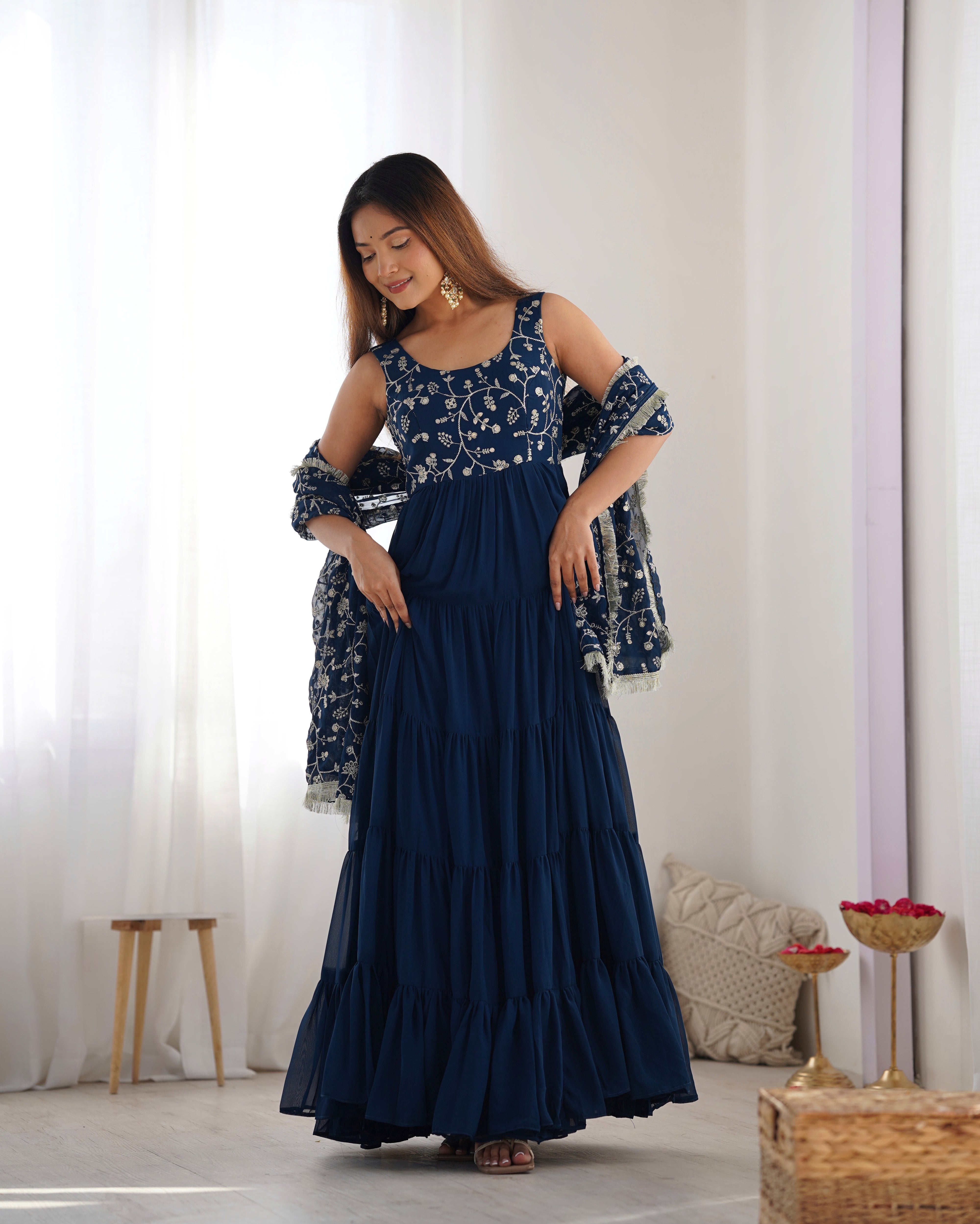 Rama-Colored Three-Layer Ruffle Georgette Anarkali Suit with Embroidered Dupatta