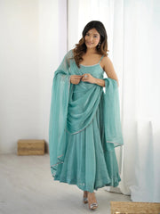 Sky Blue Crunchy Silk Anarkali Suit Set with Siroski Embellishments – Festival & Party Wear