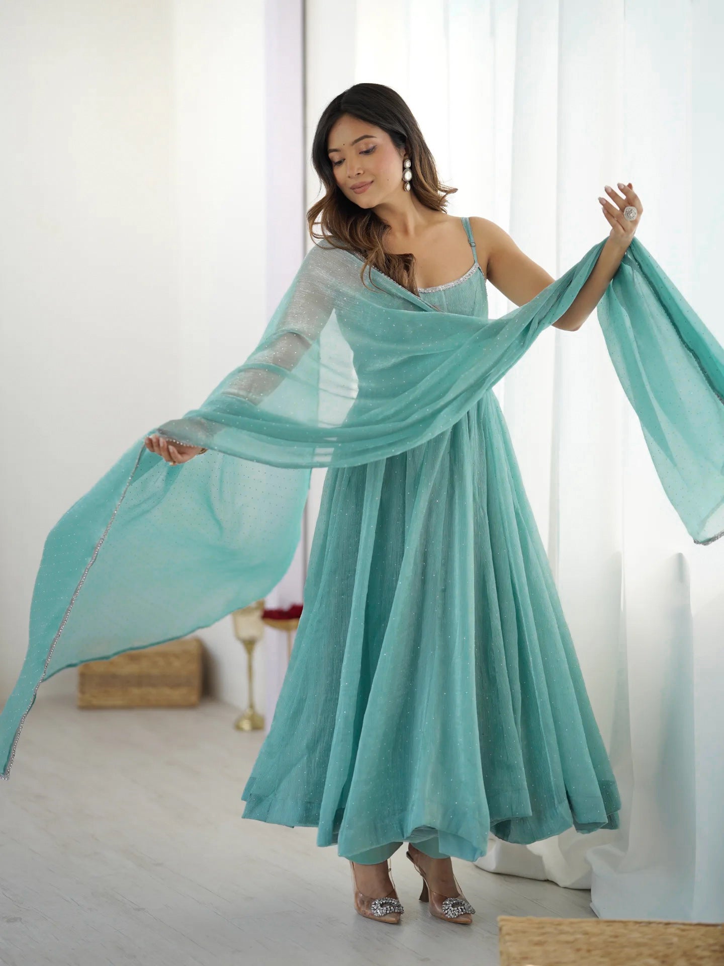Sky Blue Crunchy Silk Anarkali Suit Set with Siroski Embellishments – Festival & Party Wear