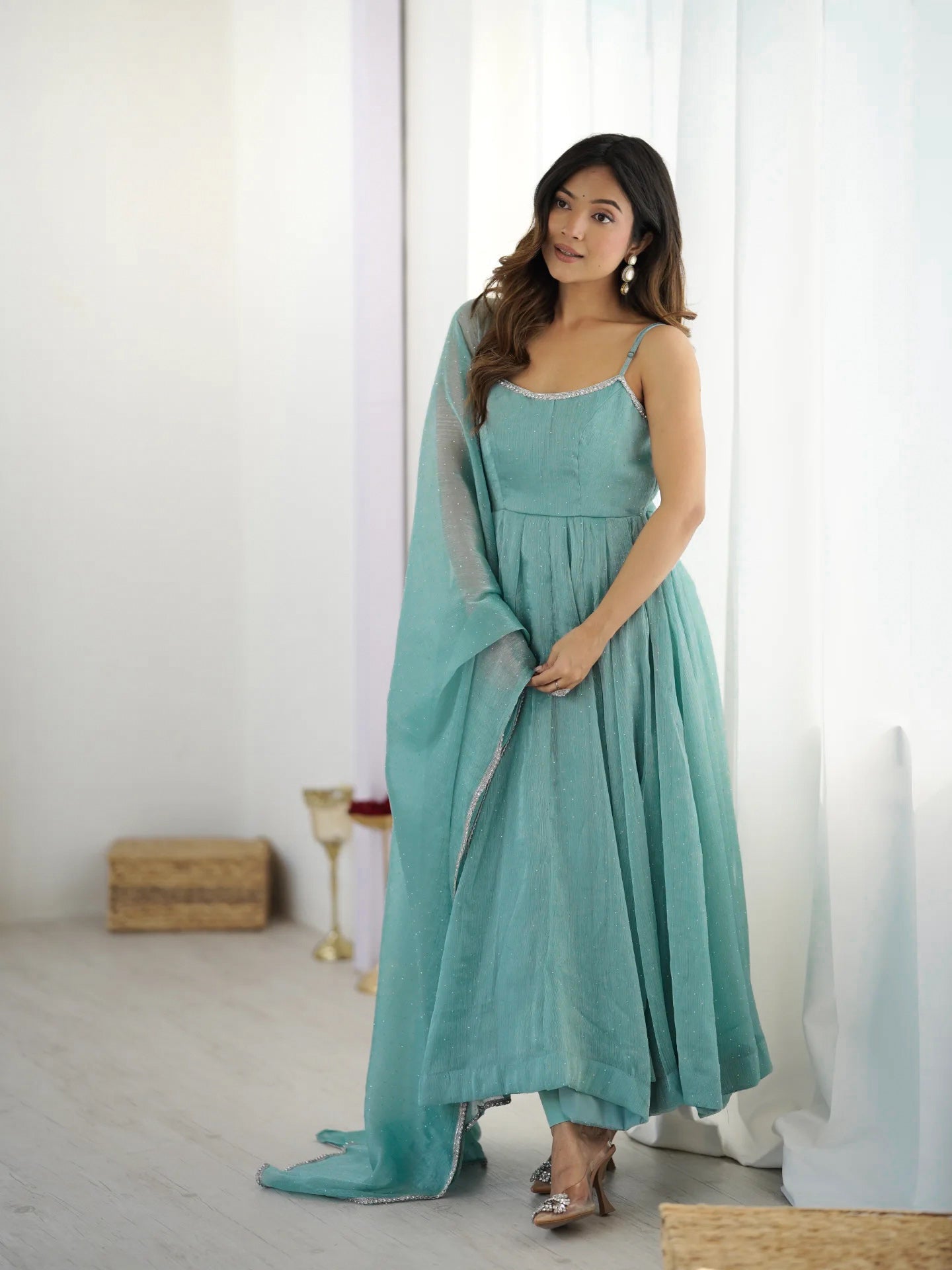 Sky Blue Crunchy Silk Anarkali Suit Set with Siroski Embellishments – Festival & Party Wear