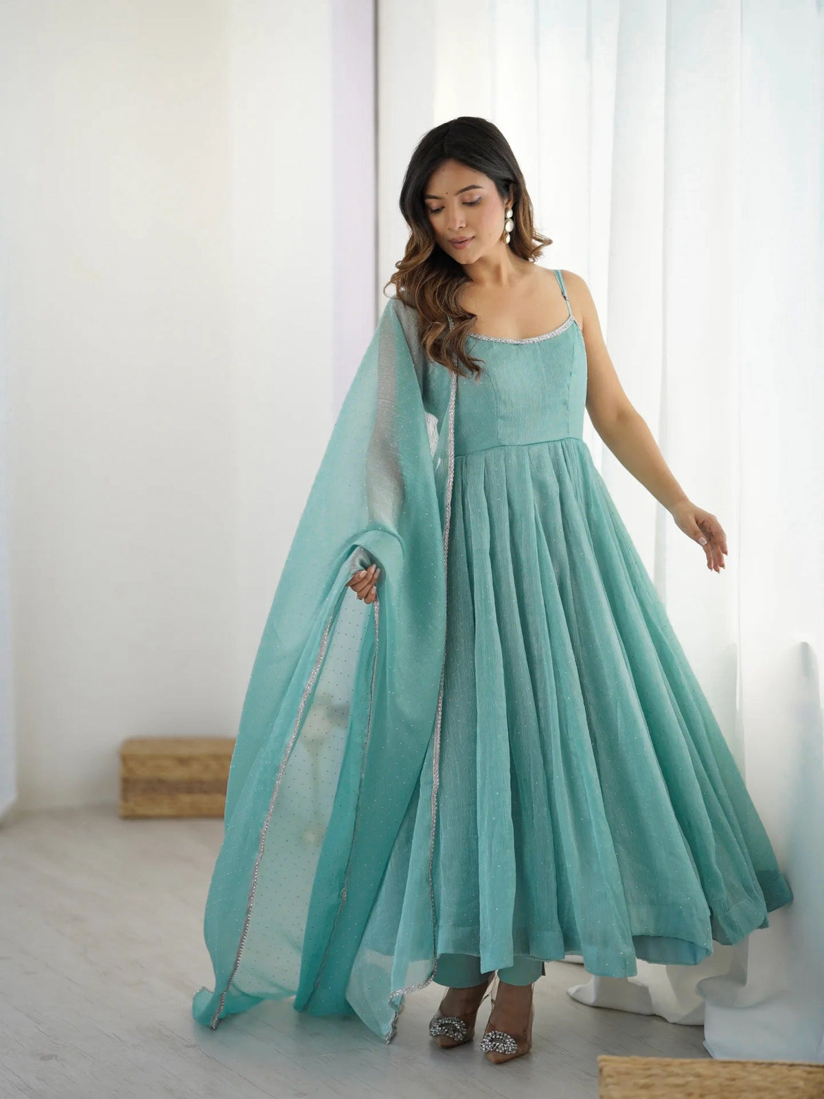Sky Blue Crunchy Silk Anarkali Suit Set with Siroski Embellishments – Festival & Party Wear