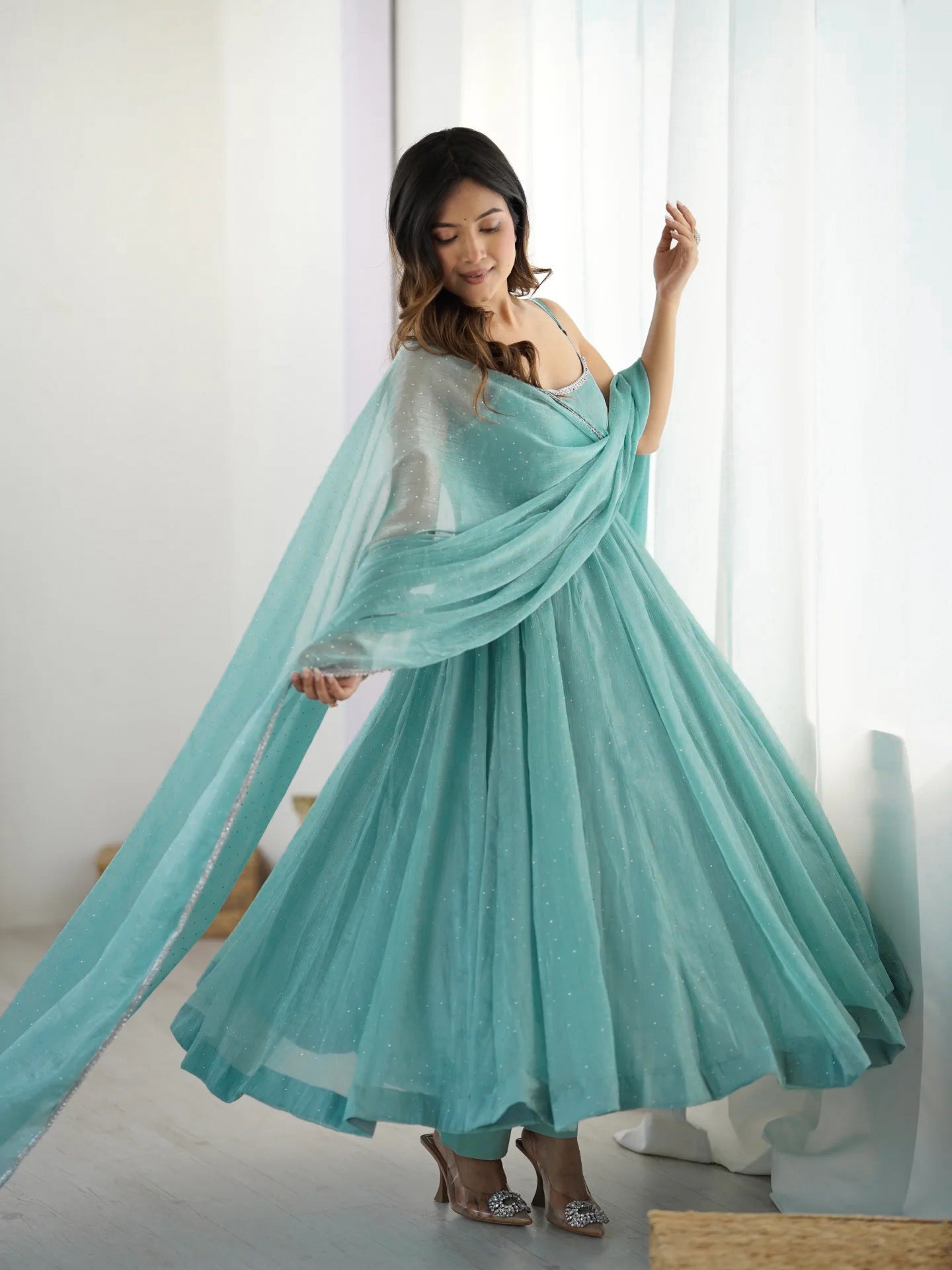 Sky Blue Crunchy Silk Anarkali Suit Set with Siroski Embellishments – Festival & Party Wear