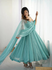 Sky Blue Crunchy Silk Anarkali Suit Set with Siroski Embellishments – Festival & Party Wear