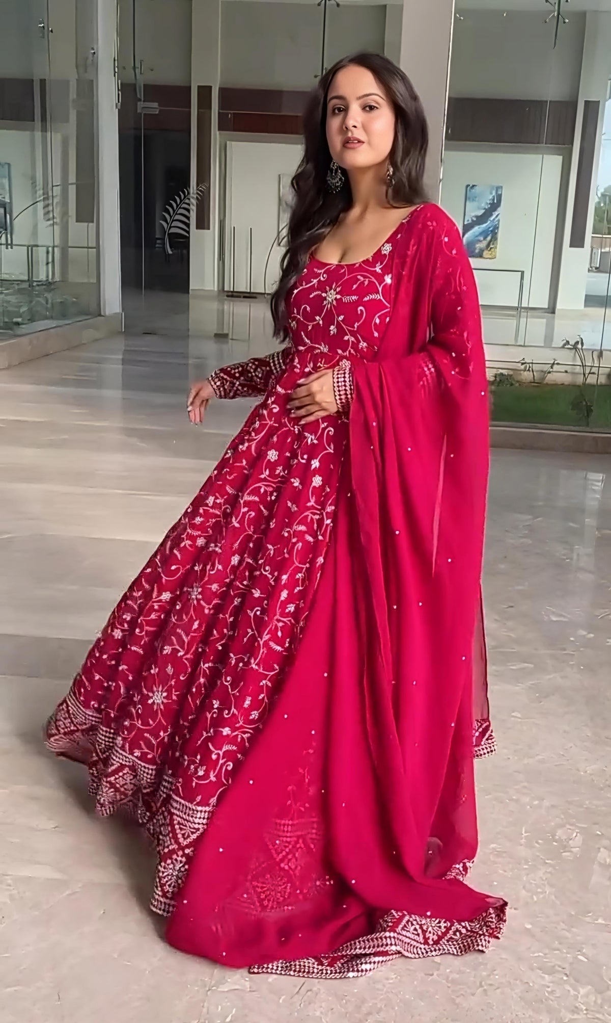 Georgette Embroidered Kurta Set with Cotton Pants & Dupatta