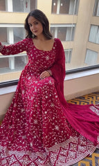Georgette Embroidered Kurta Set with Cotton Pants & Dupatta