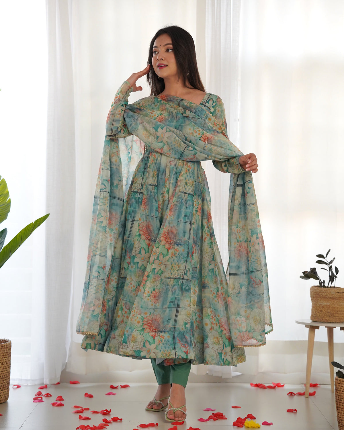 Bottle Green Floral Print Organza Anarkali Suit with Elegant Flair