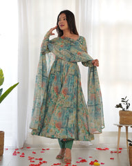 Bottle Green Floral Print Organza Anarkali Suit with Elegant Flair