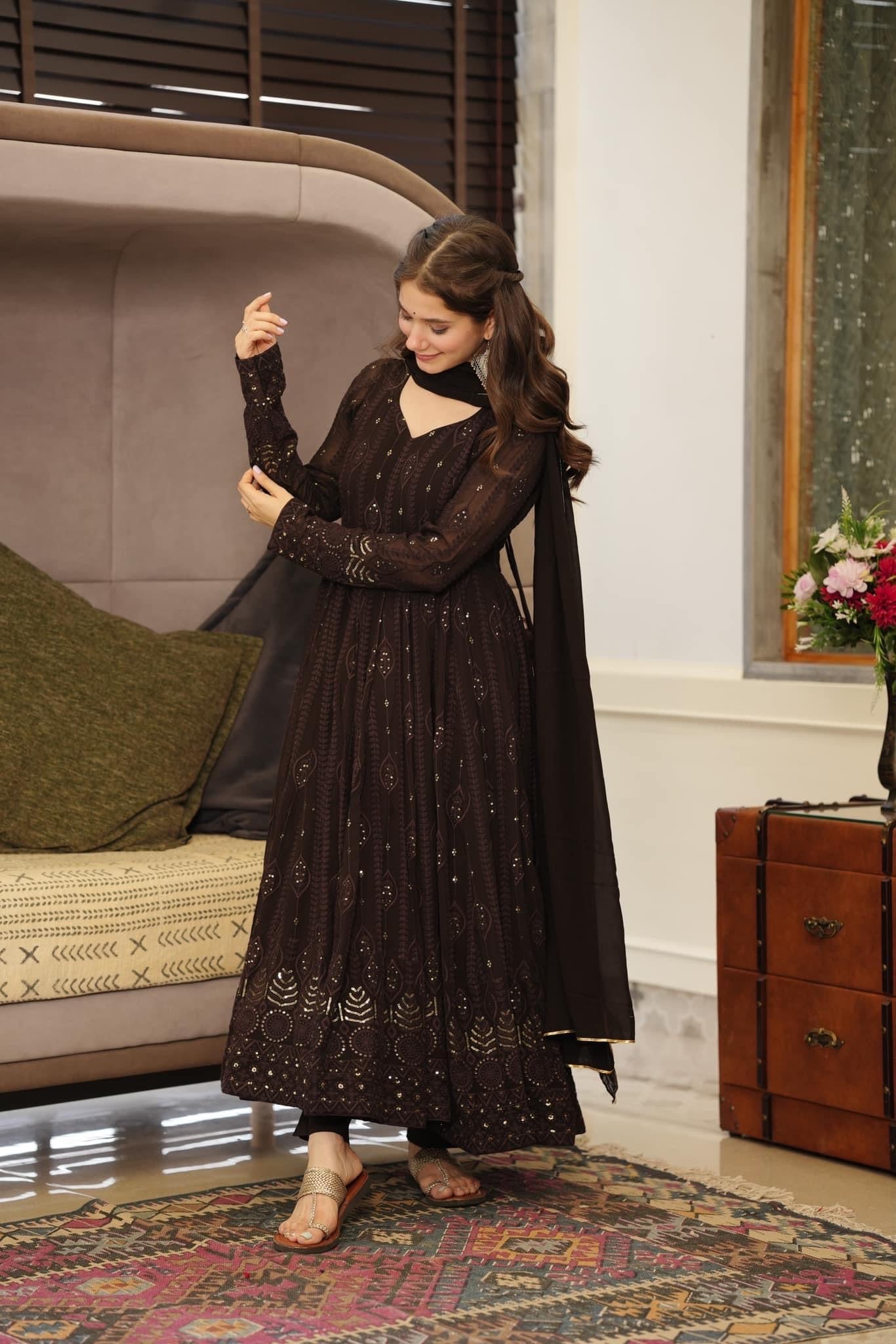 Elegant Georgette Embroidered Kurta Set with Cotton Pants & Georgette Dupatta