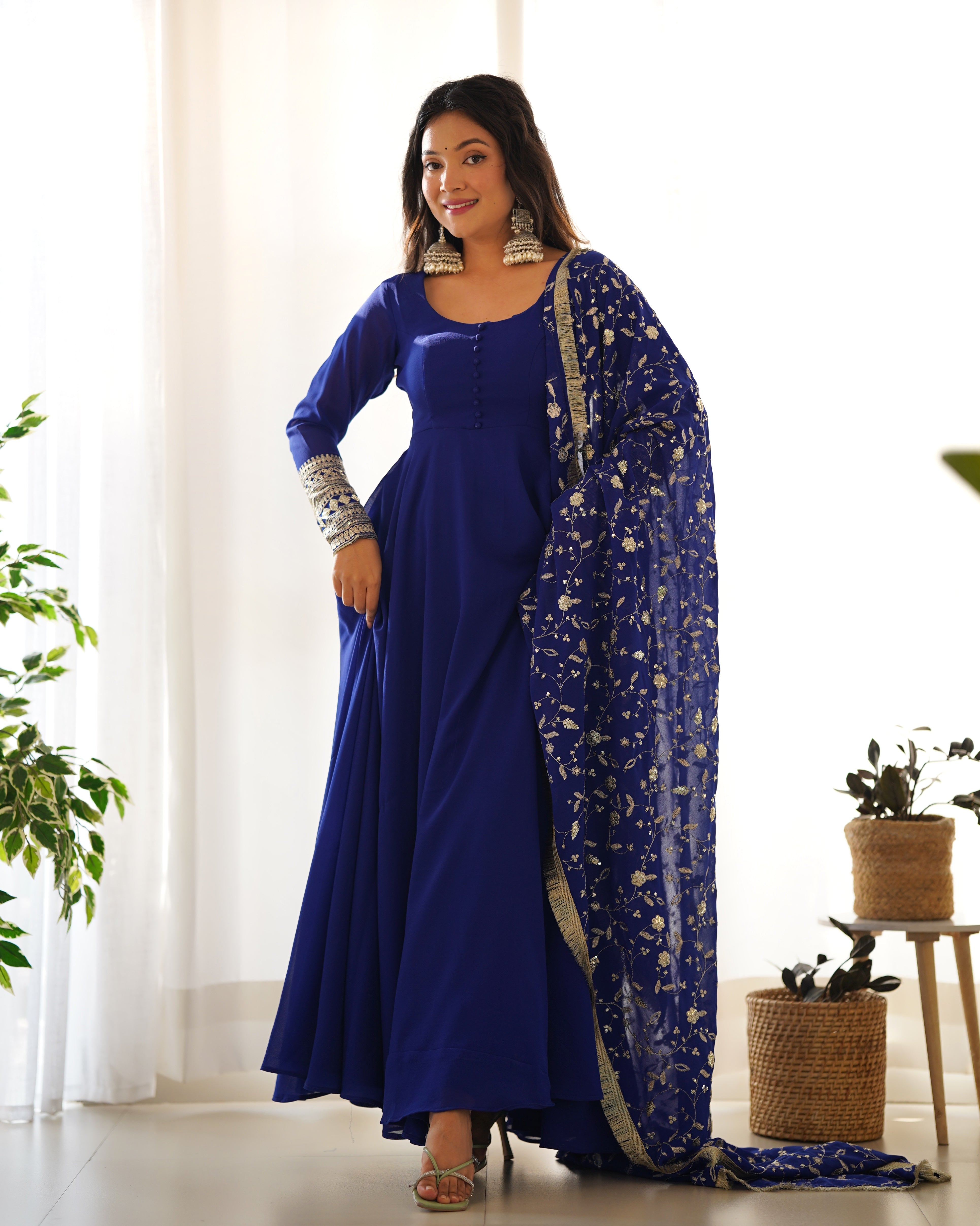 Royal Blue, Rani Pink & Black Fox Georgette Anarkali Suit with Embroidered Dupatta