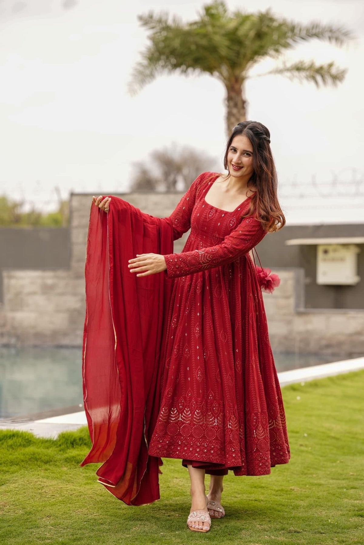 Georgette Fabric Embroidered Kurta Set with Cotton Pants & Dupatta
