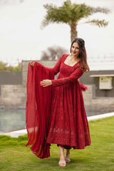 Georgette Fabric Embroidered Kurta Set with Cotton Pants & Dupatta