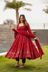 Georgette Fabric Embroidered Kurta Set with Cotton Pants & Dupatta