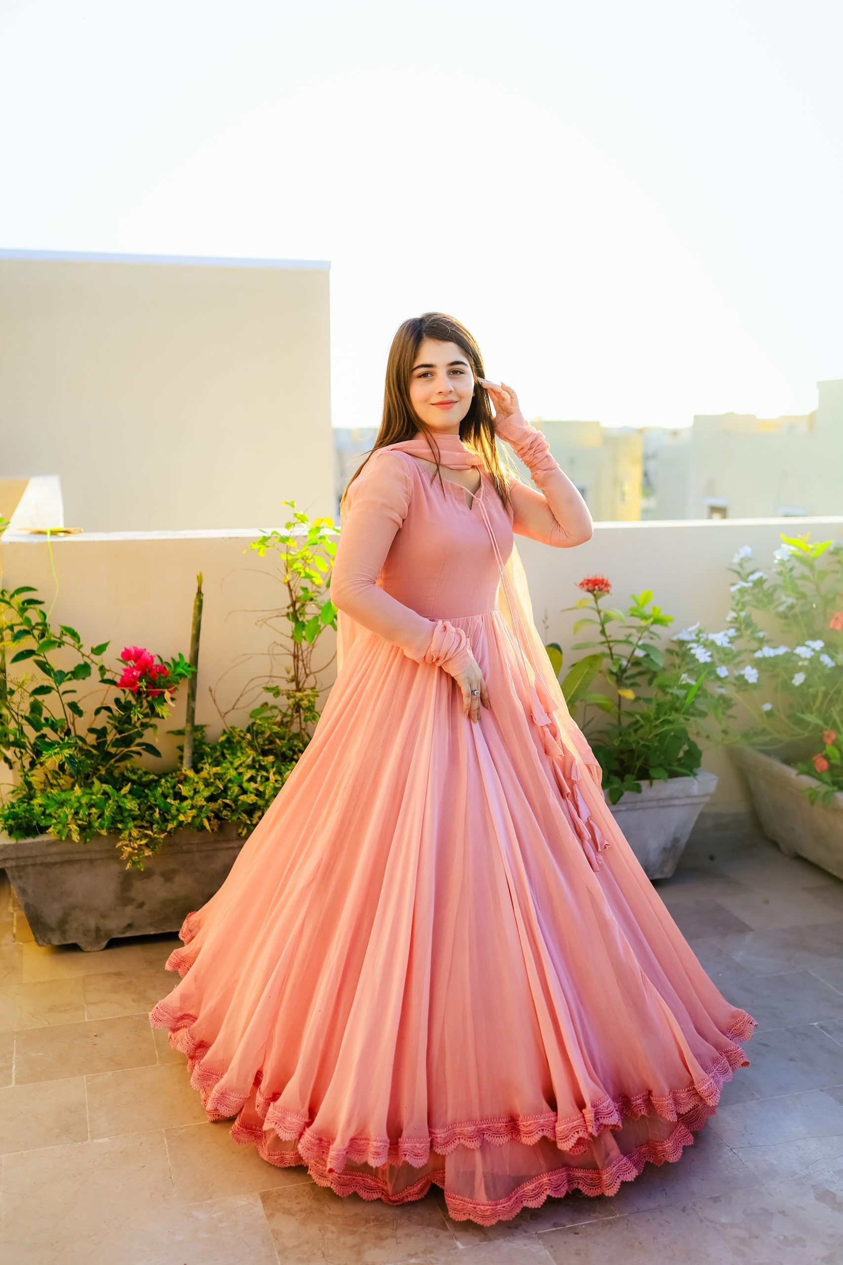 Faux Georgette Lace & Tassel Anarkali Suit Set with Plain Dupatta – Festival & Party Wear