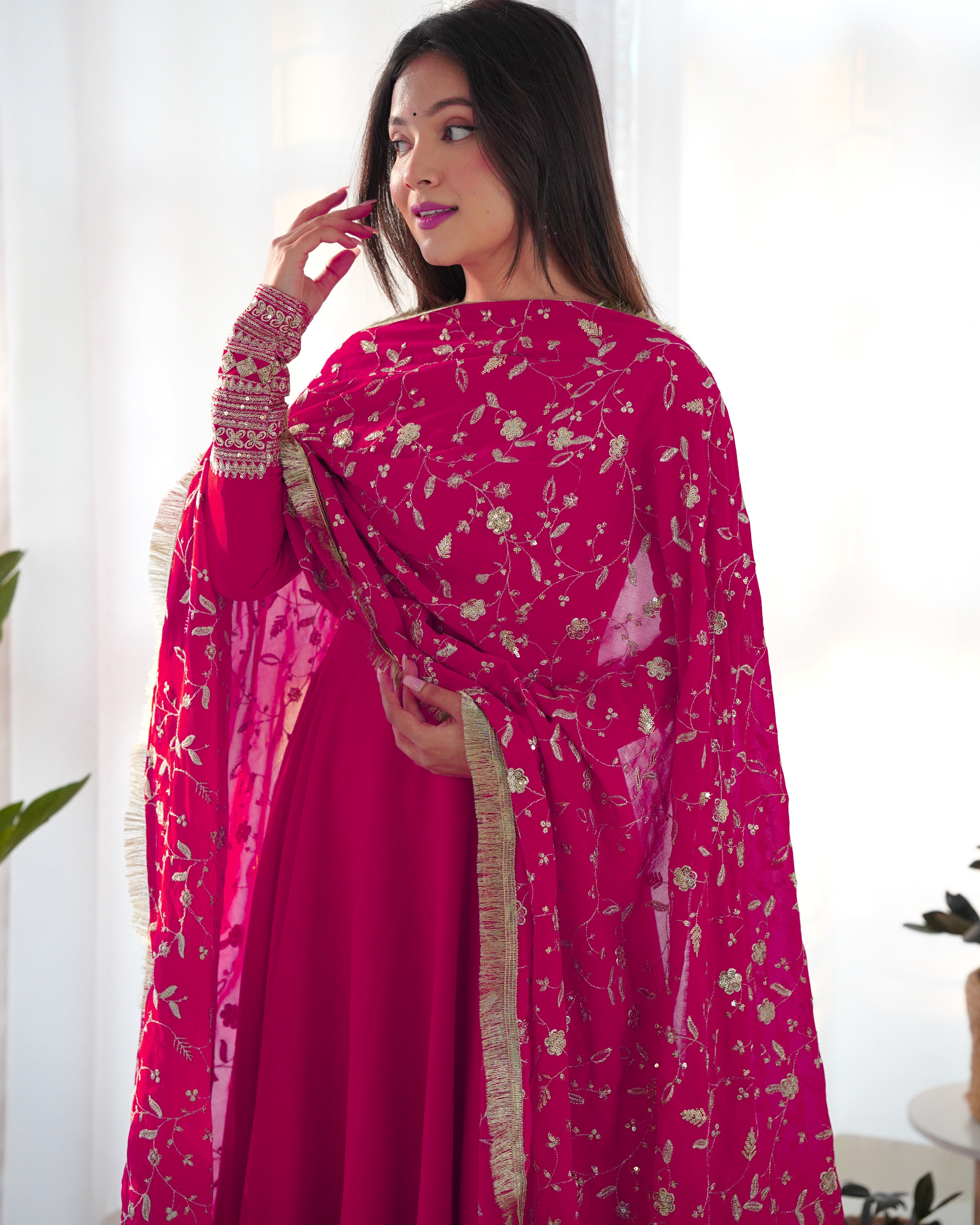 Elegant Heavy Fox Georgette Anarkali Suit with Embroidered Sequins & Lace Work