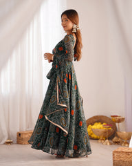 Green Bandhej Print Soft Chiffon Anarkali Gown – 3-Piece Set