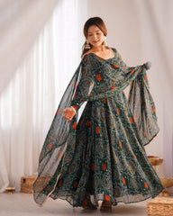 Green Bandhej Print Soft Chiffon Anarkali Gown – 3-Piece Set