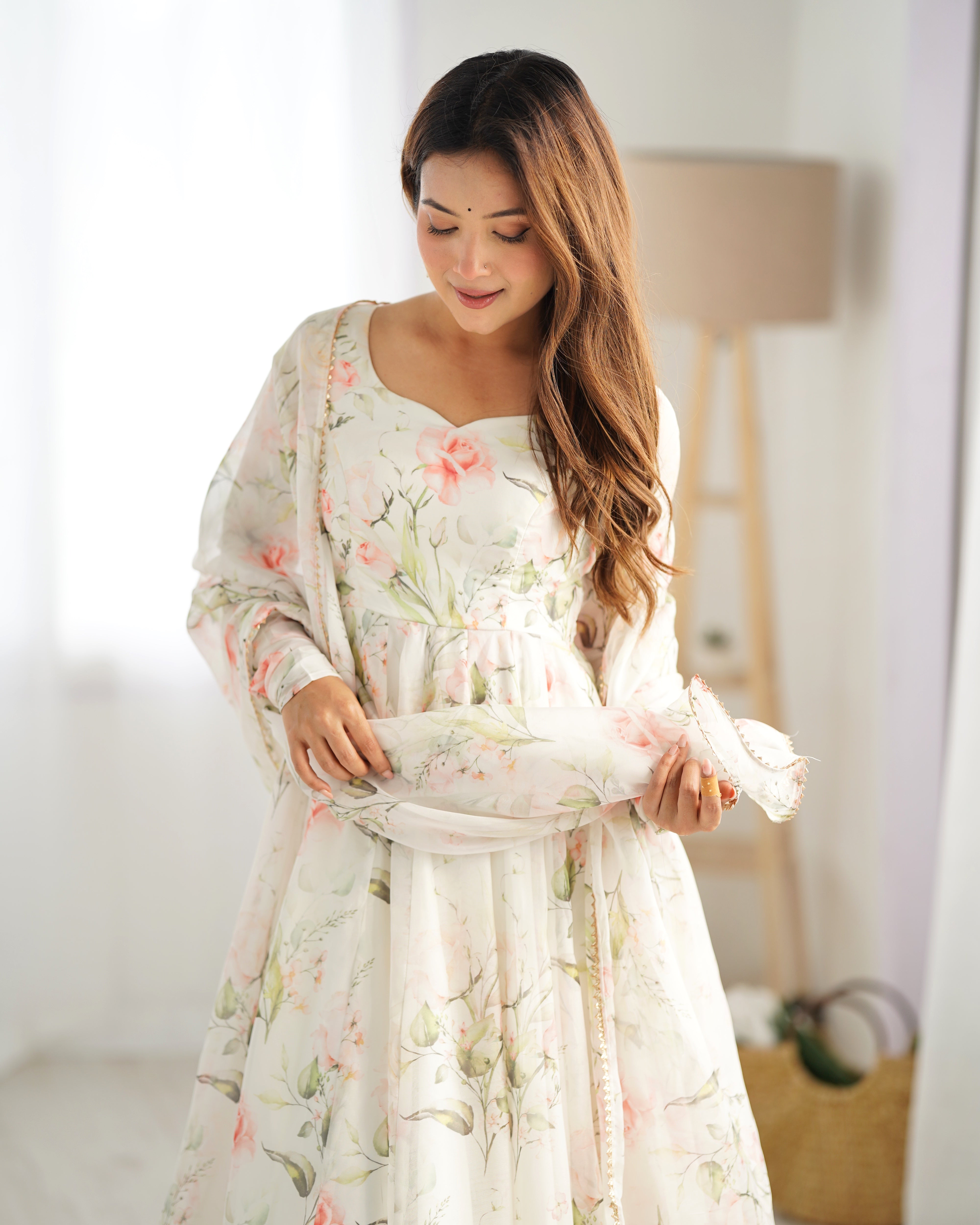 Onion Pink Georgette Anarkali Suit with Multi-Color Prints & Lace Border Dupatta – Three-Piece Festive Set