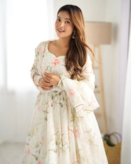 Onion Pink Georgette Anarkali Suit with Multi-Color Prints & Lace Border Dupatta – Three-Piece Festive Set