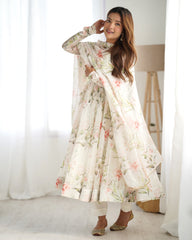 Onion Pink Georgette Anarkali Suit with Multi-Color Prints & Lace Border Dupatta – Three-Piece Festive Set