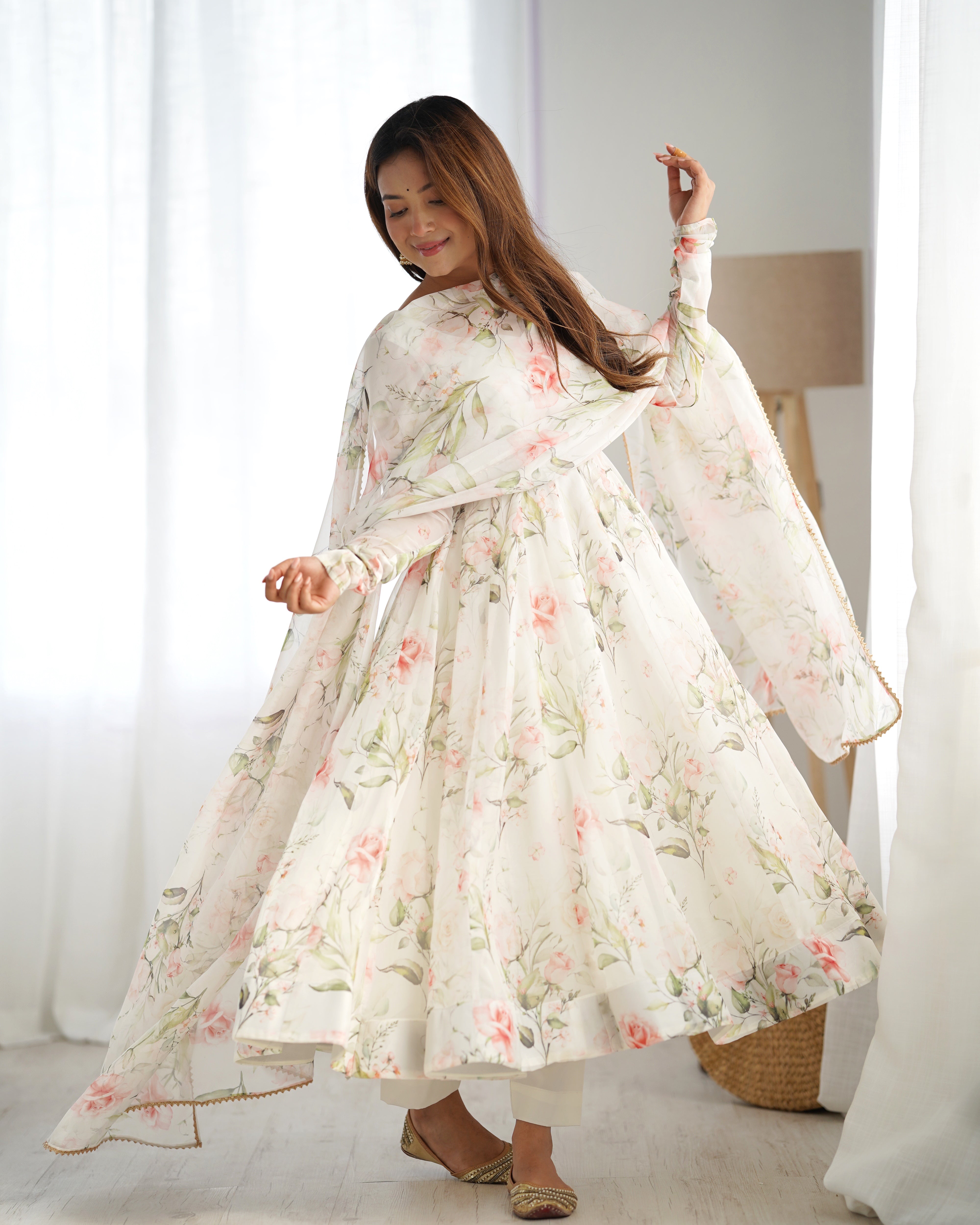 Onion Pink Georgette Anarkali Suit with Multi-Color Prints & Lace Border Dupatta – Three-Piece Festive Set