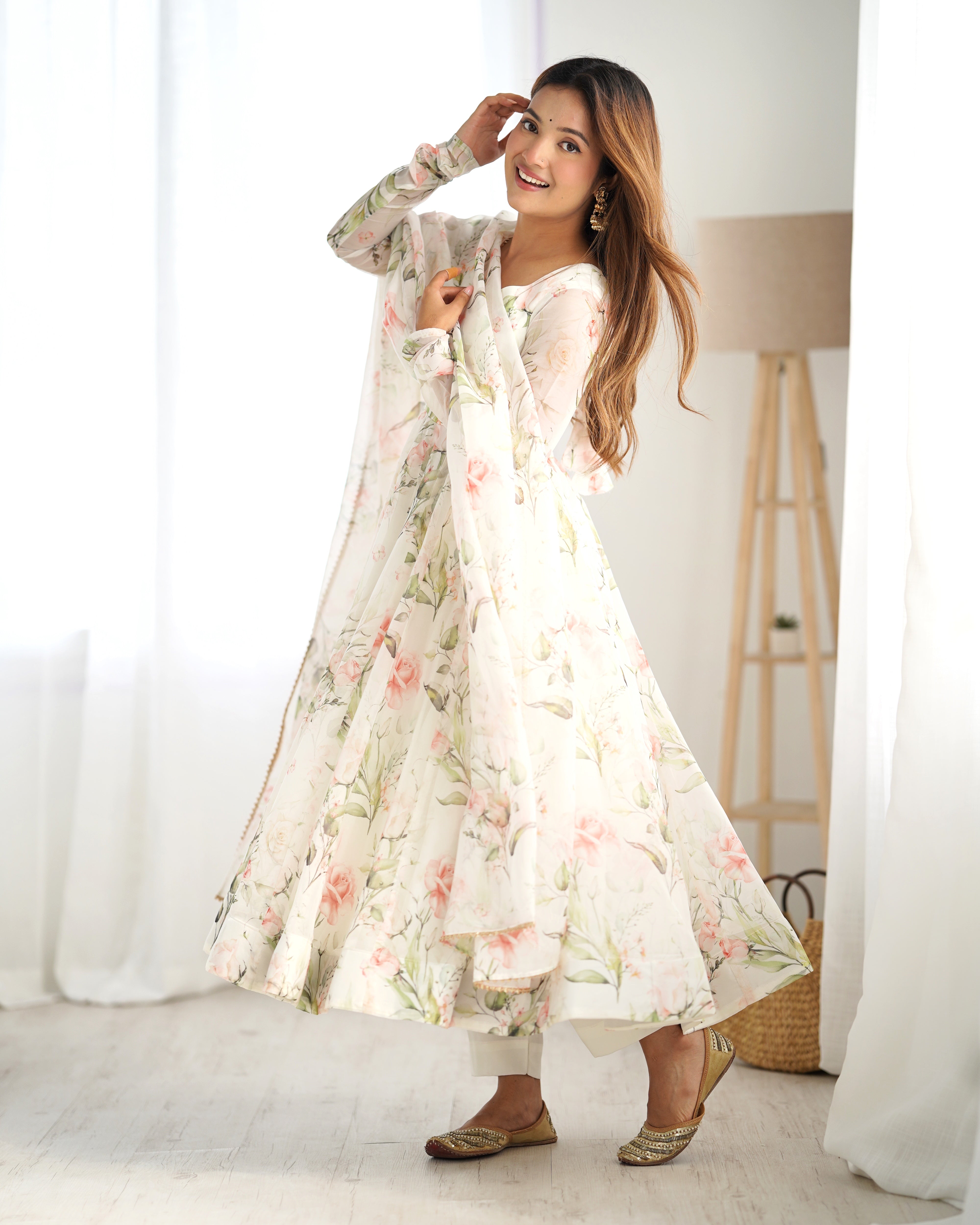 Onion Pink Georgette Anarkali Suit with Multi-Color Prints & Lace Border Dupatta – Three-Piece Festive Set