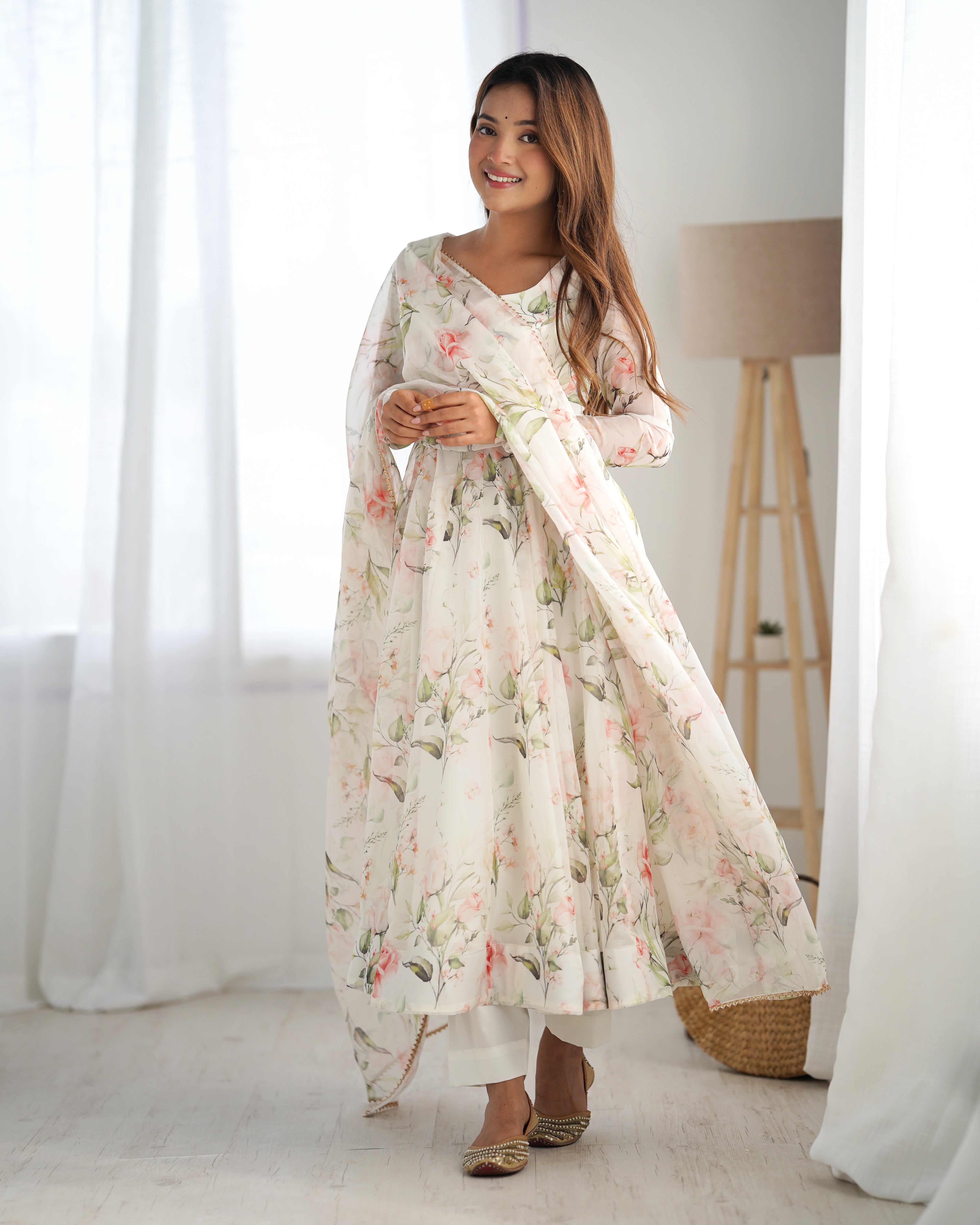 Onion Pink Georgette Anarkali Suit with Multi-Color Prints & Lace Border Dupatta – Three-Piece Festive Set