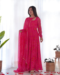 Pink Bandhej Print Soft Chiffon Stylish Neck Anarkali Gown – Three-Piece Festive Ensemble