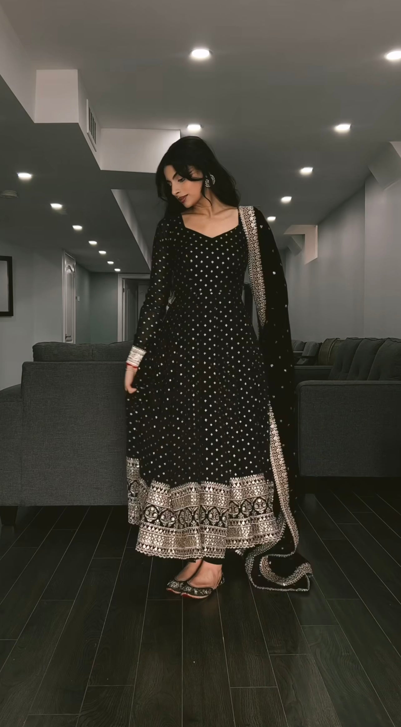 Faux Blooming Black Three-Piece Anarkali Suit with Embroidered Zari & Sequins Work