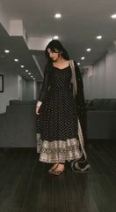 Faux Blooming Black Three-Piece Anarkali Suit with Embroidered Zari & Sequins Work