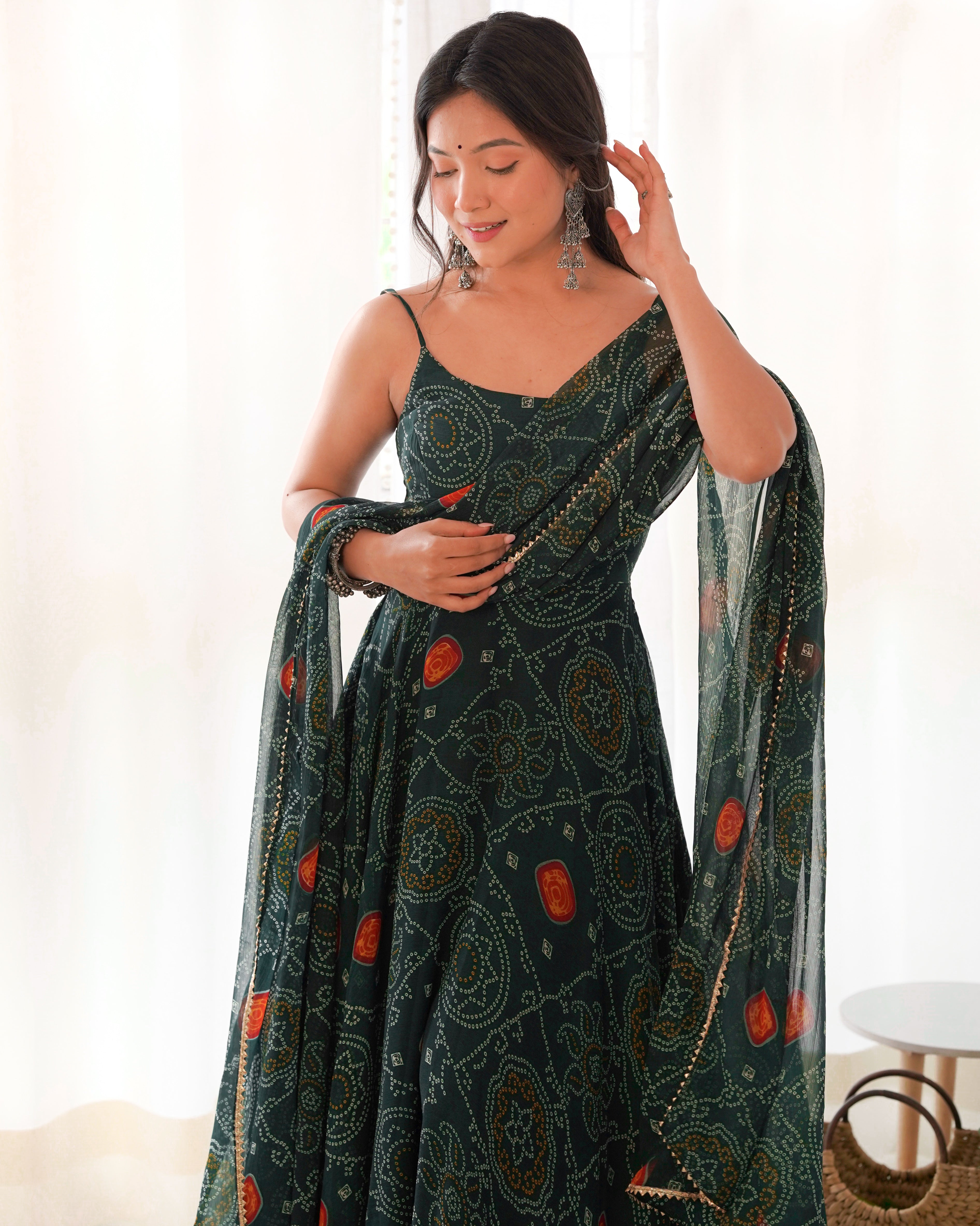 Floral Dark Green Bandhani Print Soft Chiffon Anarkali Gown