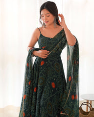 Floral Dark Green Bandhani Print Soft Chiffon Anarkali Gown