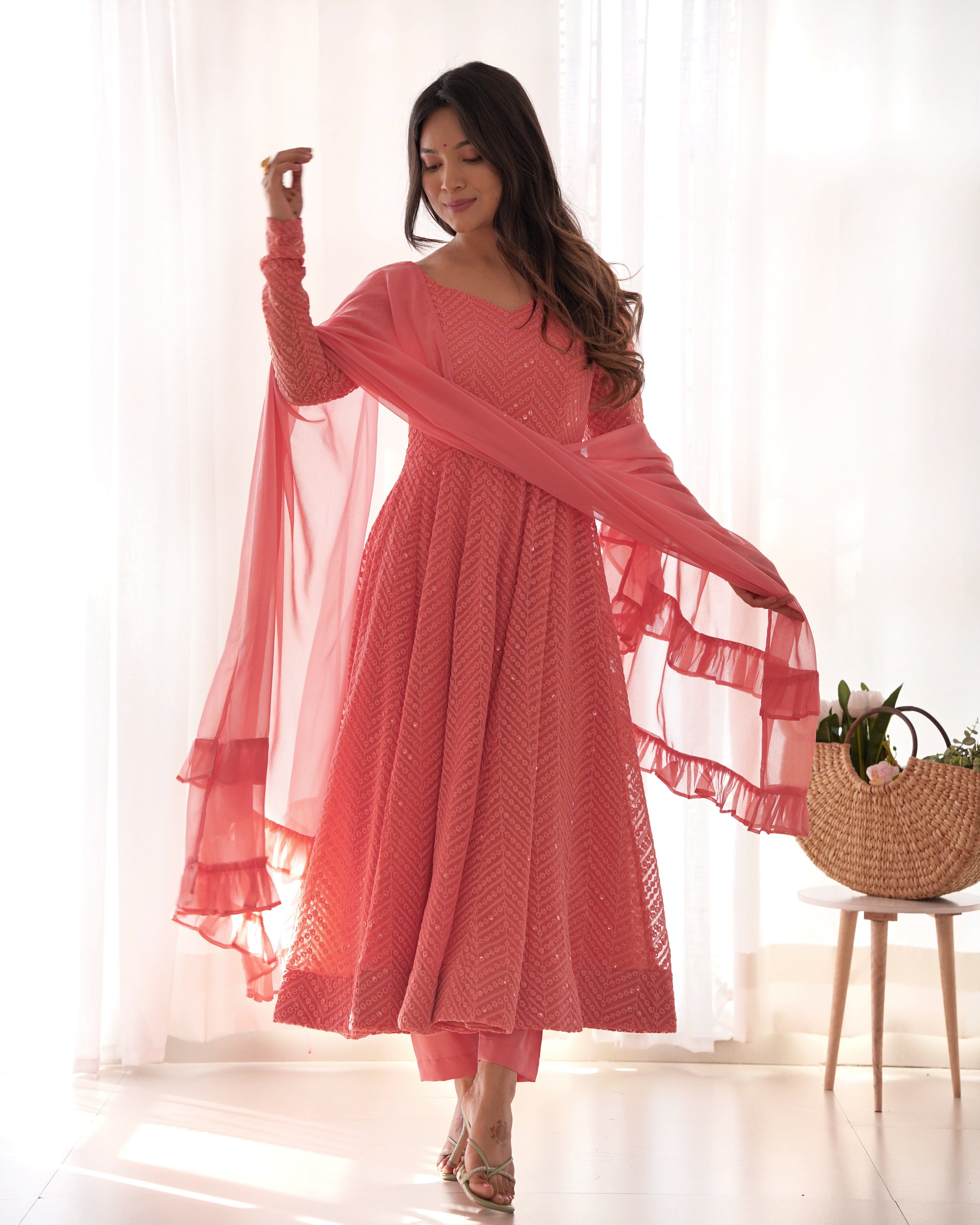 Dark Peach Georgette Lucknowi Embroidered Anarkali Suit