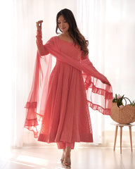 Dark Peach Georgette Lucknowi Embroidered Anarkali Suit