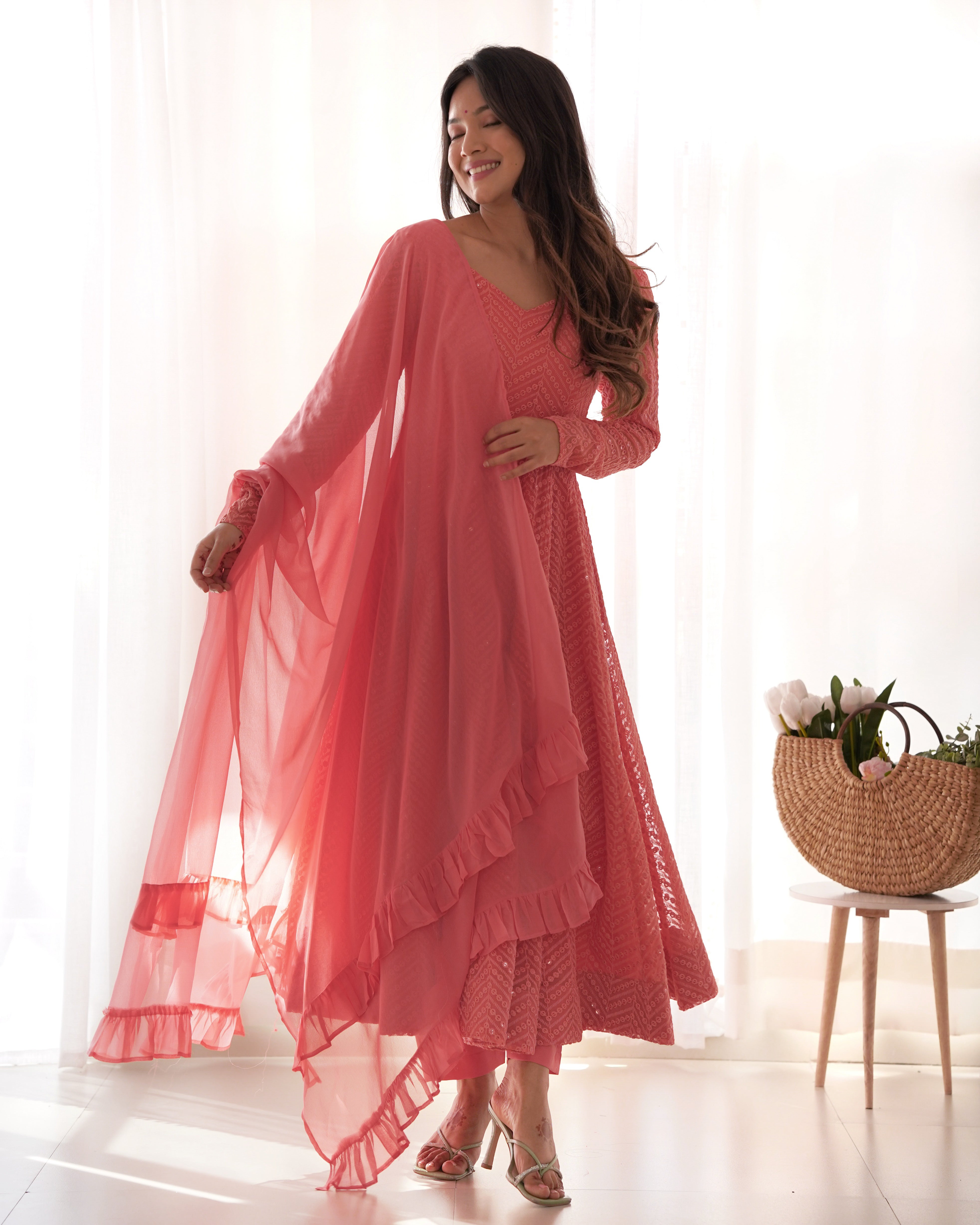 Dark Peach Georgette Lucknowi Embroidered Anarkali Suit